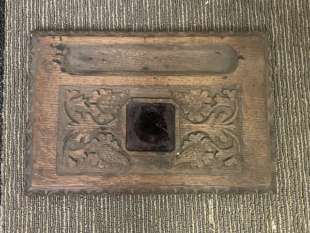 Antique Victorian CARVED WOOD PANEL plaque furniture ornate pen writing ink bloc