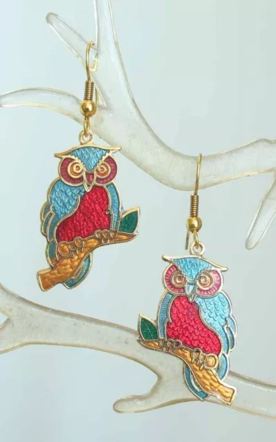 Elegant Aqua & Red Genuine Cloisonne Enamel Owl Pierced Earrings 1970s Vintage