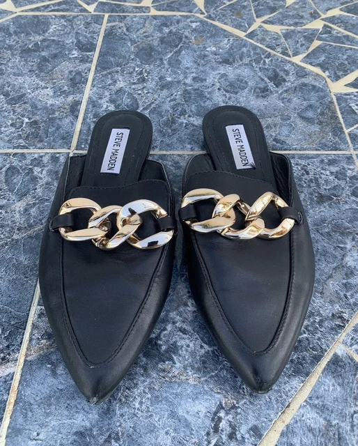 Steve Madden Women's Festivity Mules Chain Pointed Toe Mule Black Gold Size 7