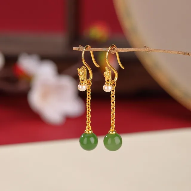 F02 Ohrringe Drache und Phönix grüne Jade Süßwasser-Perle 925 Silber vergoldet