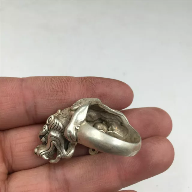 Collect Chinese old Tibet silver hand carved Dragon Unicorn Kylin Ring 23m 24062