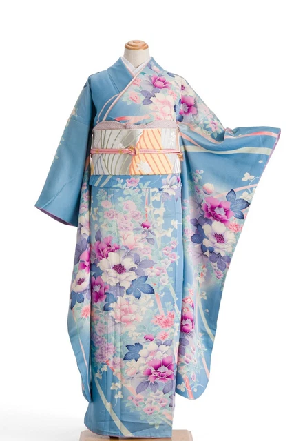 Japanese Silk Kimono Vintage Furisode Gold Flowers Ribbon Embroidery Blue 62"