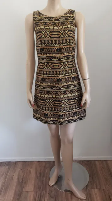 NWT Alice + Olivia Wilcox Tweed Tribal Black Gold Tapestry Mini Dress sz 6 New!