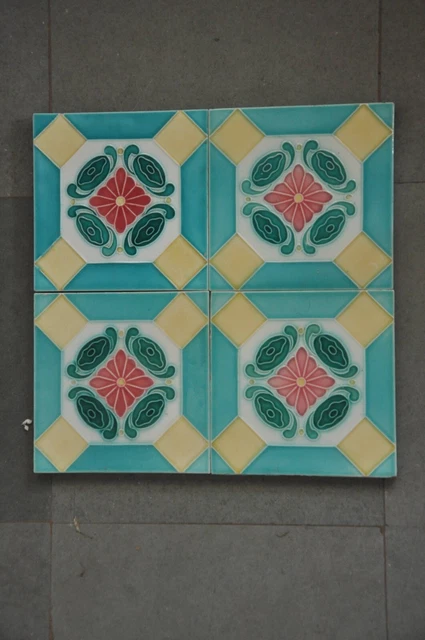 4 Pc Vintage Flower Embossed D.K Mark Design Majolica Ceramic Tiles,Japan