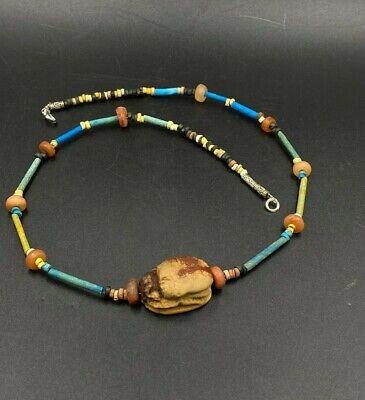 Old Antique Egyptian Faience Carnelian Stamp Seal Scarab Amulet Beads Necklace
