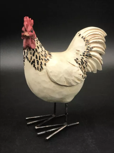 Wood White w/Black Dots Carved Rooster Chicken Hen Metal Feet Farmhouse Folk Art