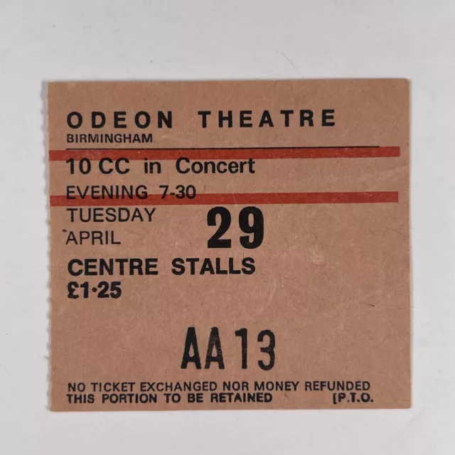 10CC Ticket Original Vintage Soundtrack Tour Odean Theatre Birmingham 1975