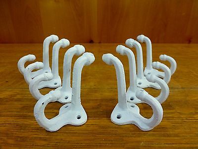 8 WHITE ANTIQUE-STYLE DOUBLE SCHOOL COAT HOOKS RUSTIC CAST IRON 3" wall hardware