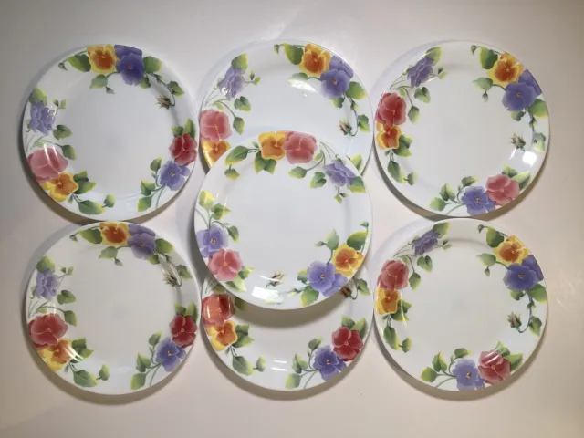 Corelle SUMMER BLUSH Salad Plates Set Of 7 Floral Pansy 7-1/4” Dessert Bread EXC