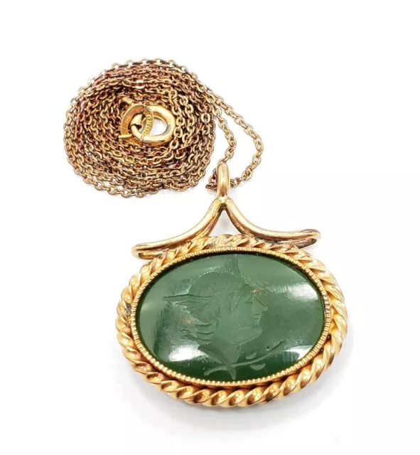 Beautiful Vintage Art Deco Yellow Gold Filled Green Intaglio Necklace Pendant