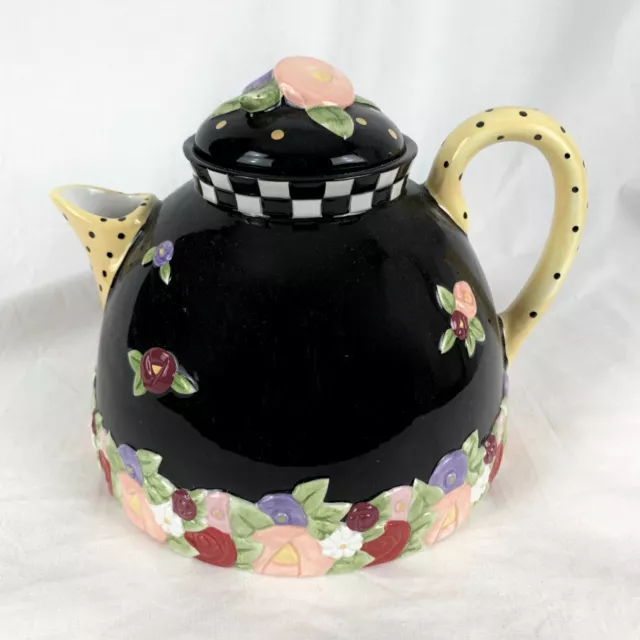 1996 Mary Engelbreit Lg Teapot Original Box Flowers Polka Dot Checks Mothers Day