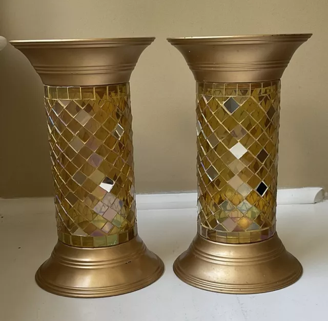 PartyLite Gold Mosaic Column Candle Holder 9" P13B/P9903 Set Of 2 Retired