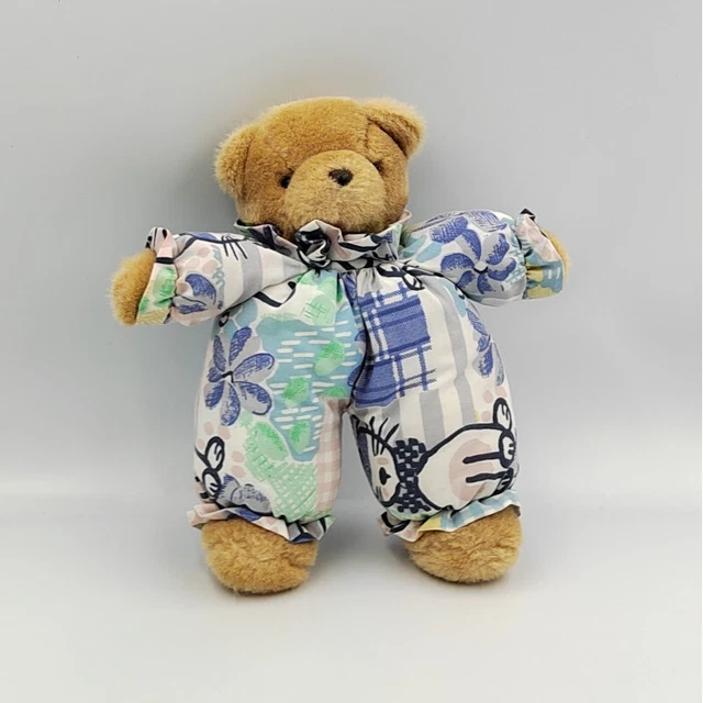 Ancien doudou peluche ours marron bleu blanc motifs fleurs chats - 32517