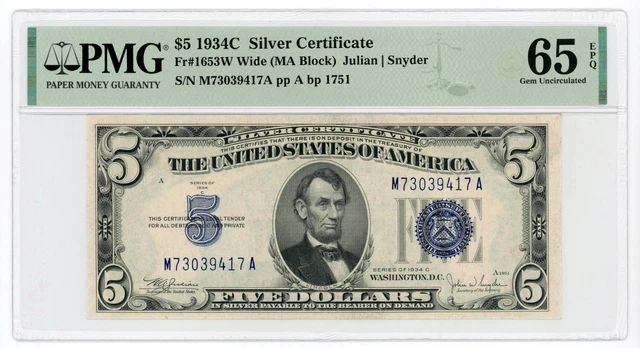 1934-C Fr.1653w (Wide) $5 U.S. Silver Certificate Note - PMG Gem 65 EPQ