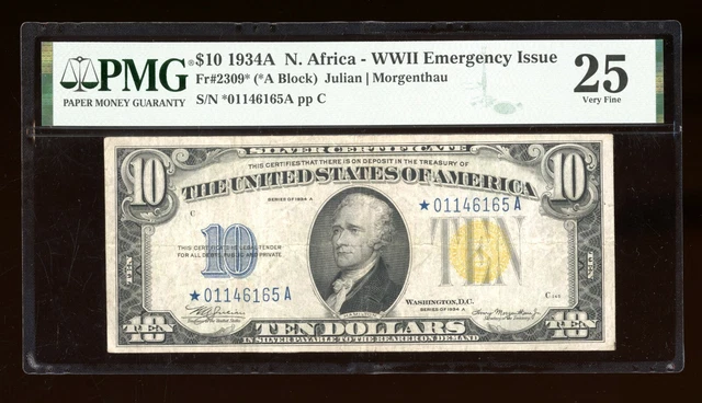 DBR 1934-A $10 North Africa Silver STAR Fr. 2309* PMG 25 Serial *01146165A