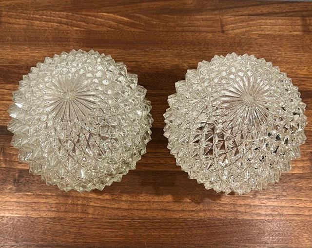 Pair (2) Vintage Geometric Diamond Facets Clear Glass Globe Light Shades, 6” Dia