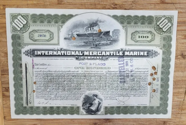 Stock Certificate International Mercantile Marine Green 100 Shares Built Titanic
