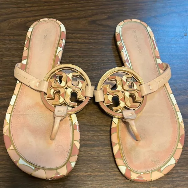 TORY BURCH Miller Sandal Pink Leather Metal Logo 9.5 M