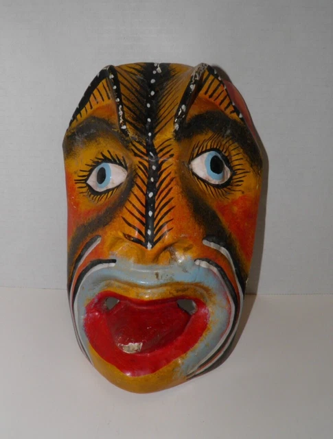 Wooden Tribal Mask Handmade Tongue Sticking Out Large Eyebrows Creepy Weird GUC