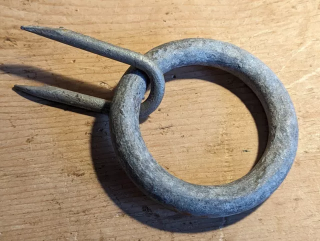 Vintage Iron Tethering Ring & Staple~Beam Hook~Wooden Doorstop~Galvanised~