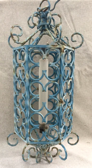 Large antique french light lantern early 1900's wrought iron lamp ceiling