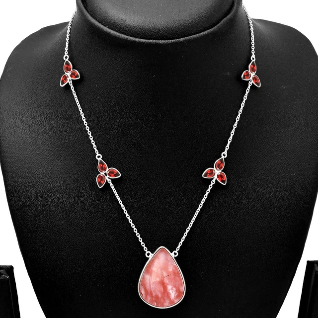 Watermelon Cherry Quartz & Garnet 925 Sterling Silver Necklace Jewelry N-1004
