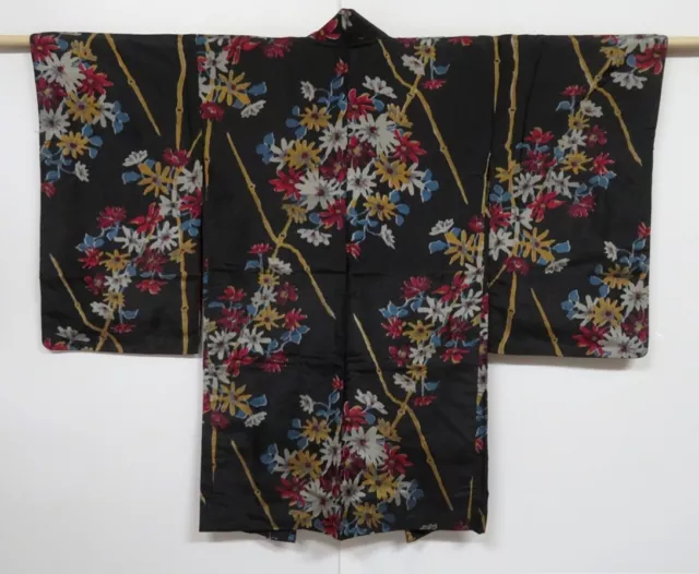 1124N09z460 Vintage Japanese Kimono Silk MEISEN HAORI Black Flower
