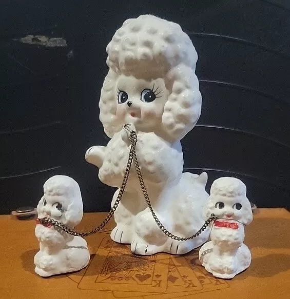 1950s Poodle Family Figurines Mother & 2 Puppies on chains, Made In Japan.