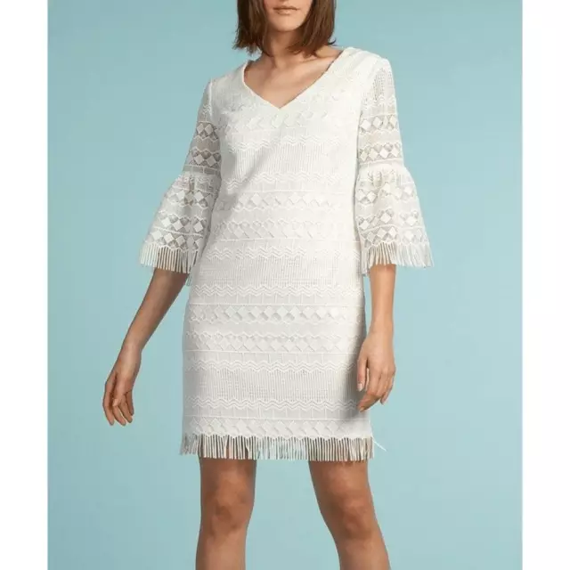 Trina Turk Whitewash Geo Voyage Lace Bell-Sleeve Shift Dress Size 6