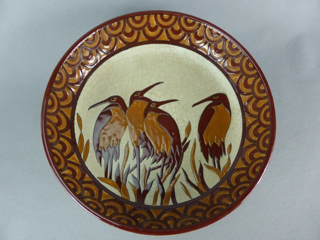 Grand Plat Au Decor Echassiers Ceramique Emaux Keralouve Style Art Deco 515-1