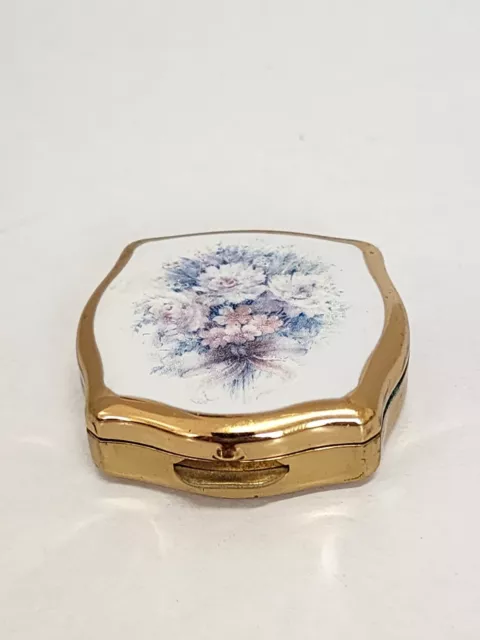 Vintage Pill Box Gold Floral Design White Pink Hinged Closed Contoured  Sides