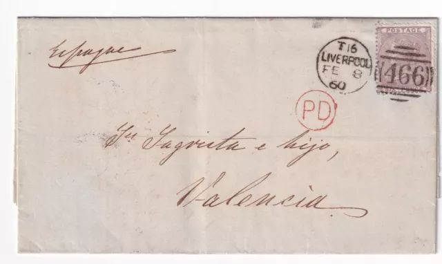 GB  QV 6d Lilac (SG68) on entire to Spain - 8/2/1860