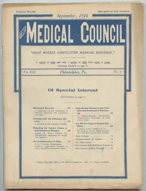 Sept. 1916 Philadelphia Medical Council Journal Medicine Doctors Trade Magazine