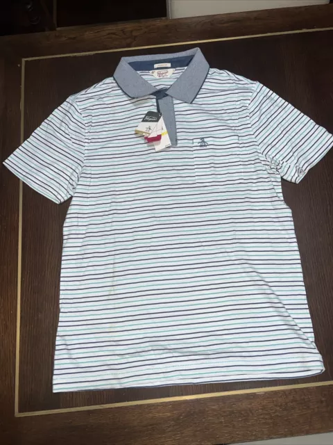 Penguin Original By Munsingwear  Blue White Aqua Stripes  Medium Mens Polo $69