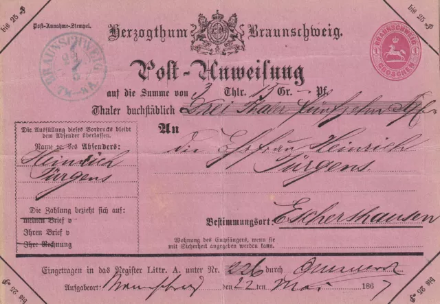 Braunschweig A 3 - Postanweisung 1867 von Braunschweig nach Eschershausen