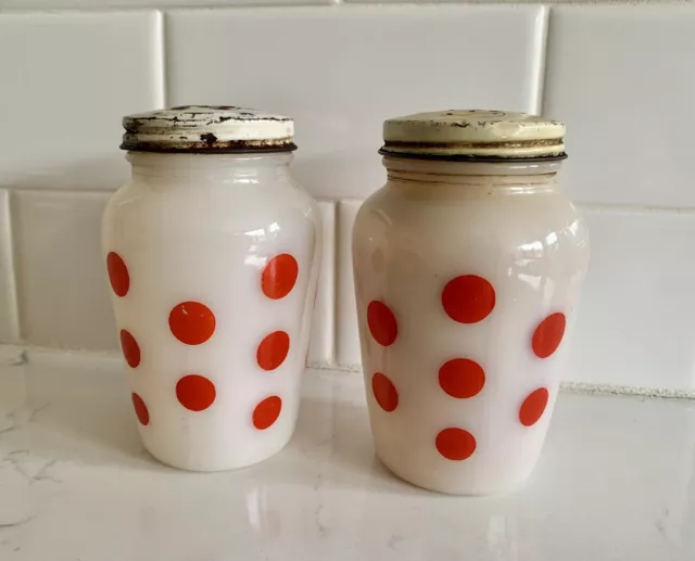 Vintage Fire King Anchor Hocking Red Polka Dot Salt And Pepper Set