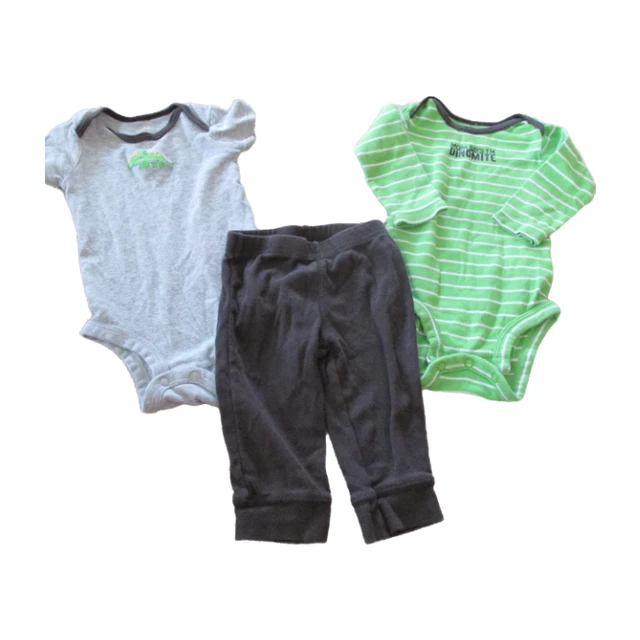 Carters Boys3 Pc Dinosaur Bodysuit Pants Outfit Size 6M Green Stripe Gray Brown
