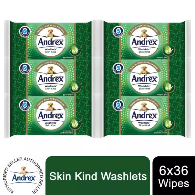 6 packs Andrex Washlets Skin Kind Moist Flushable 216 Toilet Wipes