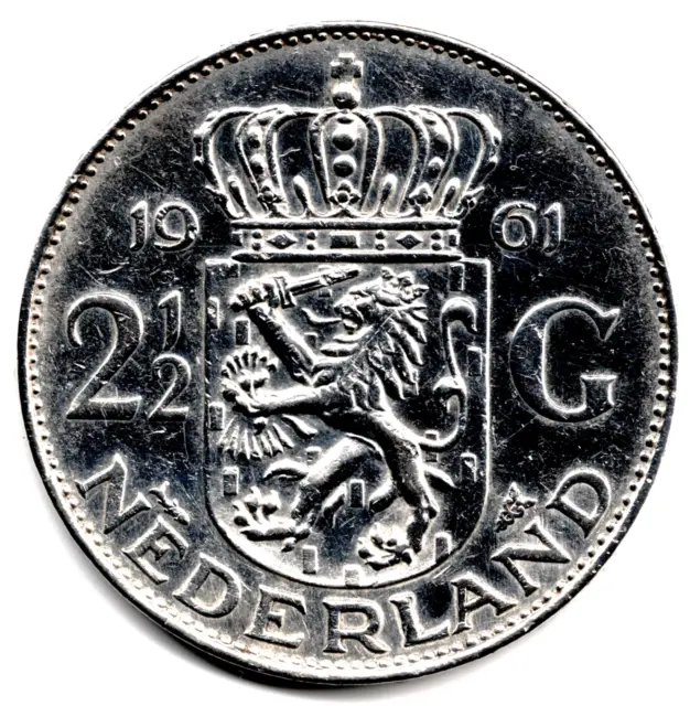 2 1/2 Gulden Silbermünze Niederlande Königin Juliana, Prägejahr 1961
