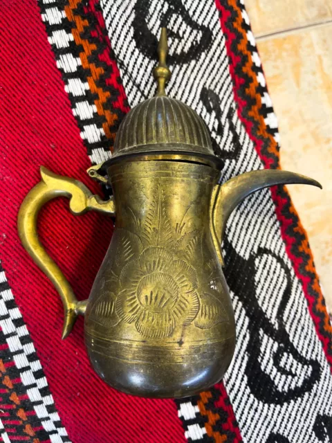 Rare Antique Islamic Dallah: Brass Coffee Pot with Arabic Engravings