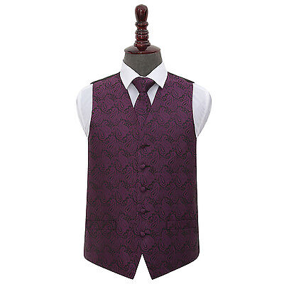 DQT Woven Floral Paisley Purple Mens Wedding Waistcoat & Tie Set