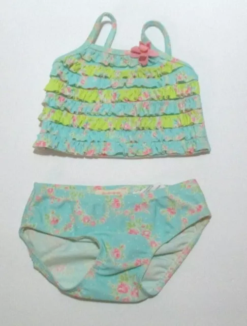 Infant Girls Kate Mack Baby Aqua Pink Rose Ruffle 2 Pc Swimsuit Size 6 Months