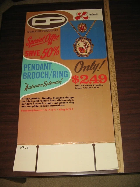 OVALTINE 1976 instant drink mix embroidery jewelry pendant brooch ring LeeWard