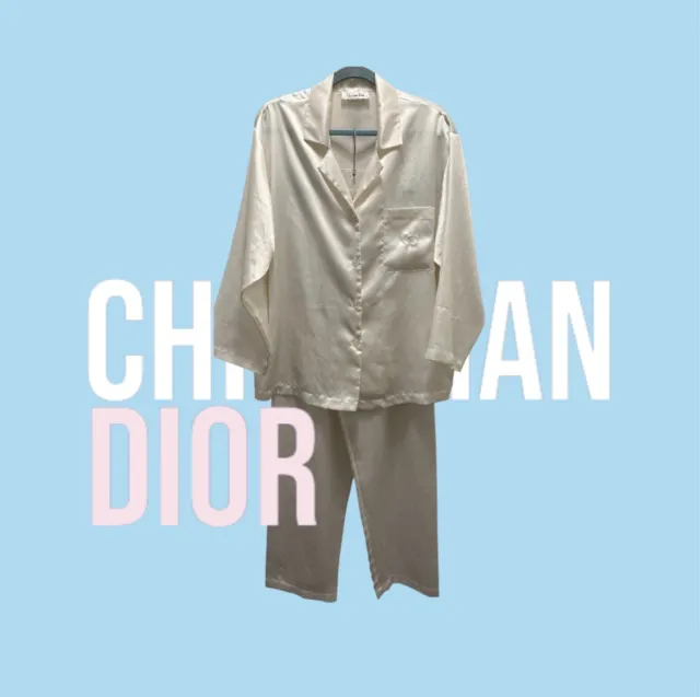 Christian Dior Designer Satin Pajama Set ✨ViNtAgE✨ White Womens Medium 2-piece