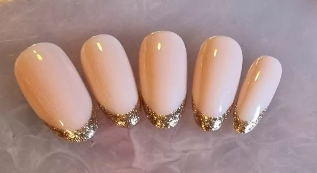 Hand Painted Press on False Nails Gold Glitter French