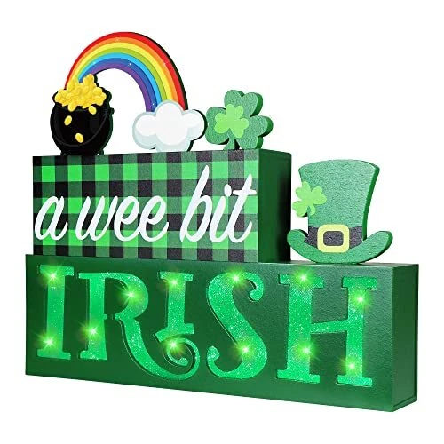 St Patrick's Day Wooden Block Sign with Led Lights- A Wee Bit Irish Shamrock