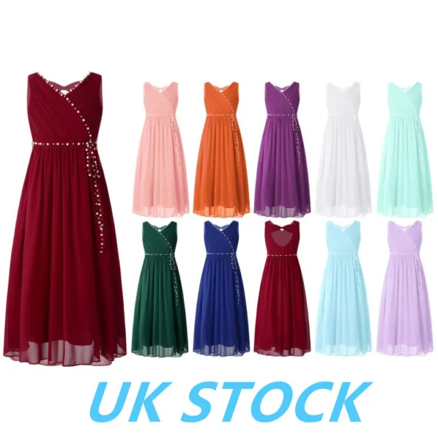 UK Kids Flower Girls Princess Dress Elegant Pageant Bridesmaid Chiffon Dress