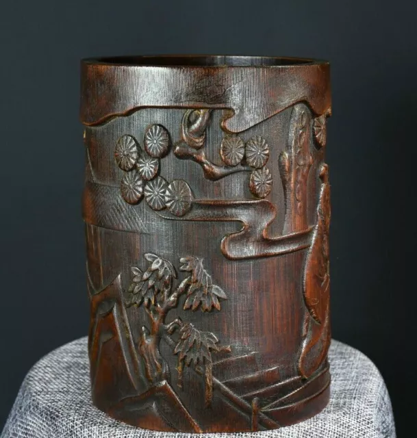 Exquisite Old Chinese bamboo handcarved character jar pots Pen holder 80263