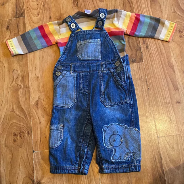 baby boys 3-6 months 2 piece set long sleeve top dungaree’s from next used