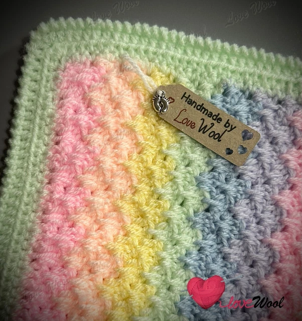 NEW Crochet Multi Use Baby Blanket, Size 29x30 Inch Rainbow With Green Edging